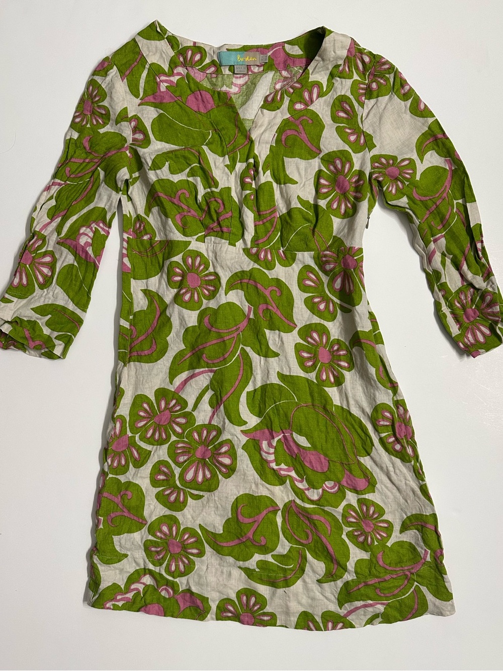 Boden Cream Linen Tunic Dress with Green & Pink Floral Print